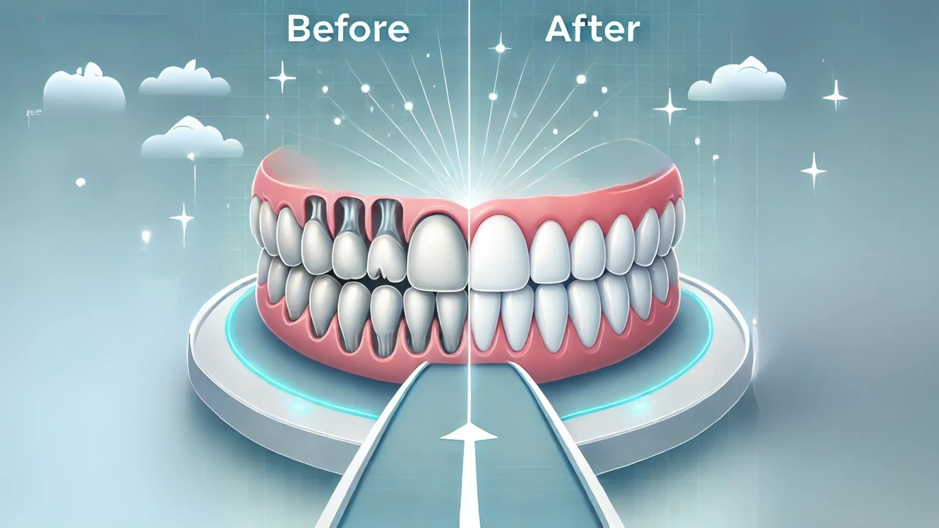 Illustrazione prima e dopo di un trattamento di ortodonzia a Firenze: confronto tra denti disallineati e il risultato finale con una dentatura perfettamente allineata