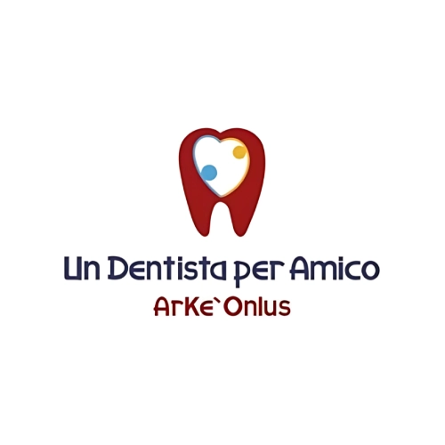 Logo di "Un Dentista per Amico" con un dente stilizzato che racchiude un cuore e due figure colorate.